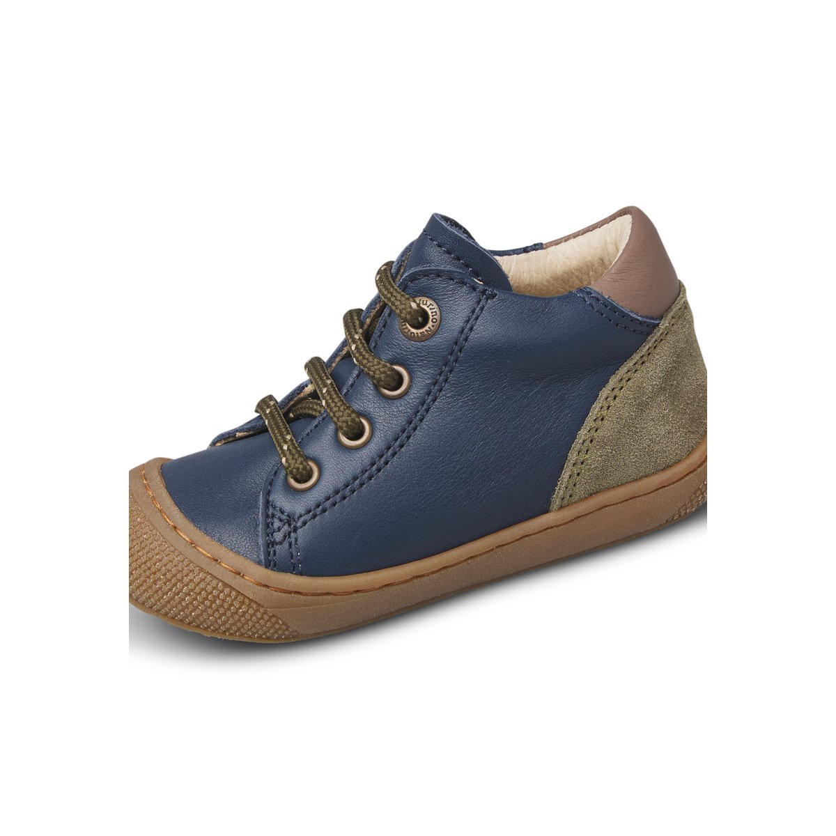 Chaussons premiers pas en cuir et en daim ROMY marine-kaki, NATURINO
