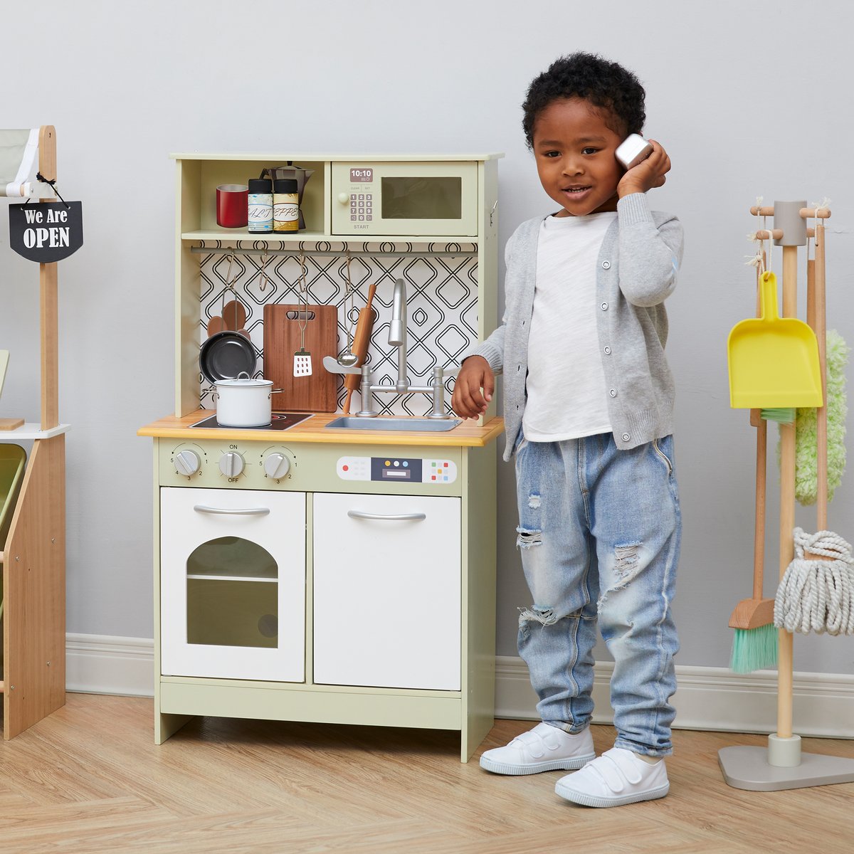 Jeu Cuisine Enfant Bois LITTLE CHEF vert, TEAMSON KIDS