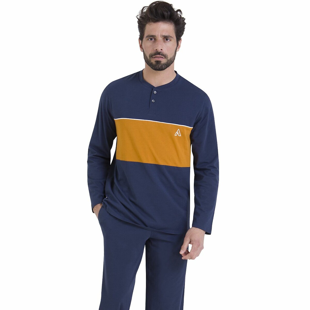 Pyjama long en coton bio bleu marine, ATHENA