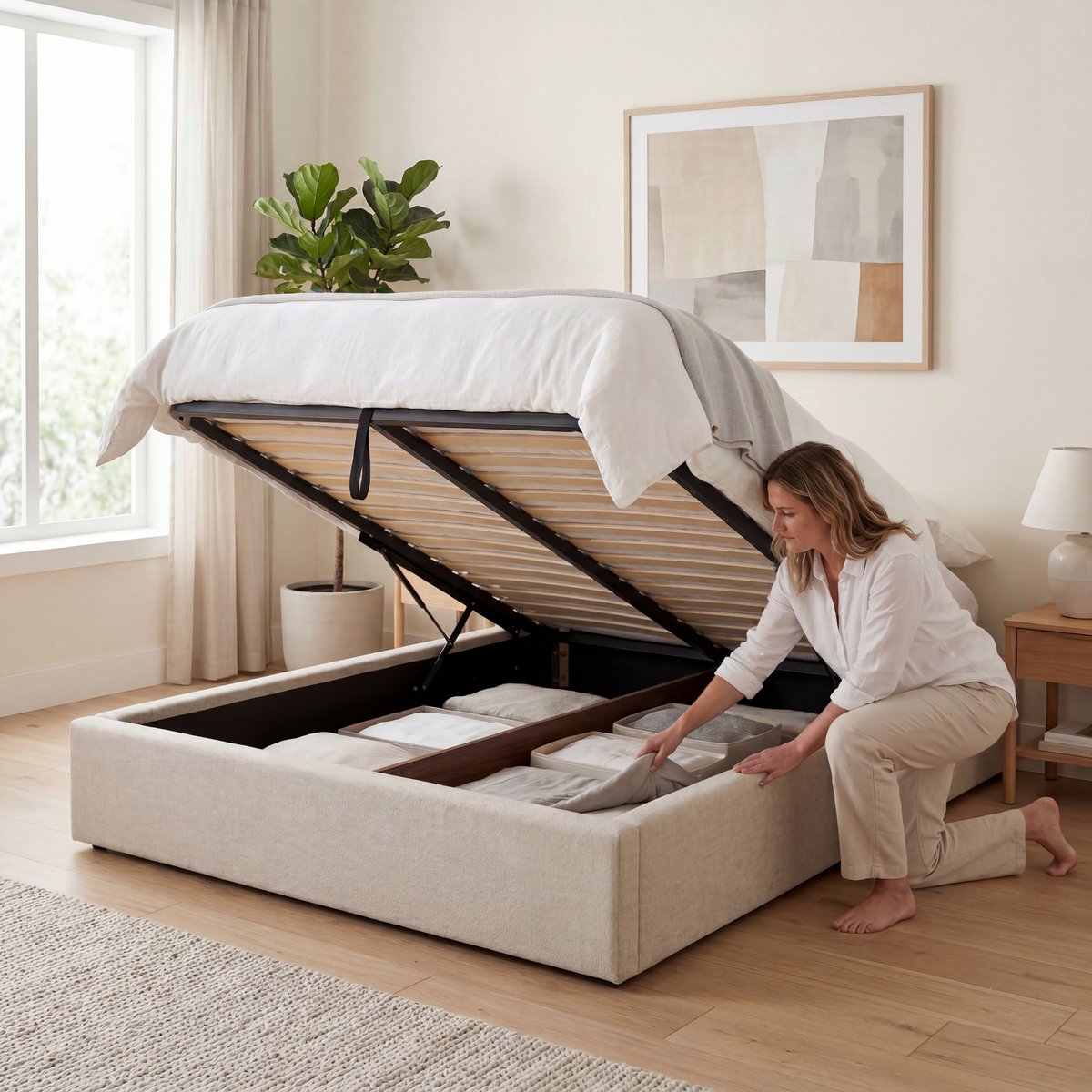 Lit coffre ATLAS beige, OLYMPE LITERIE