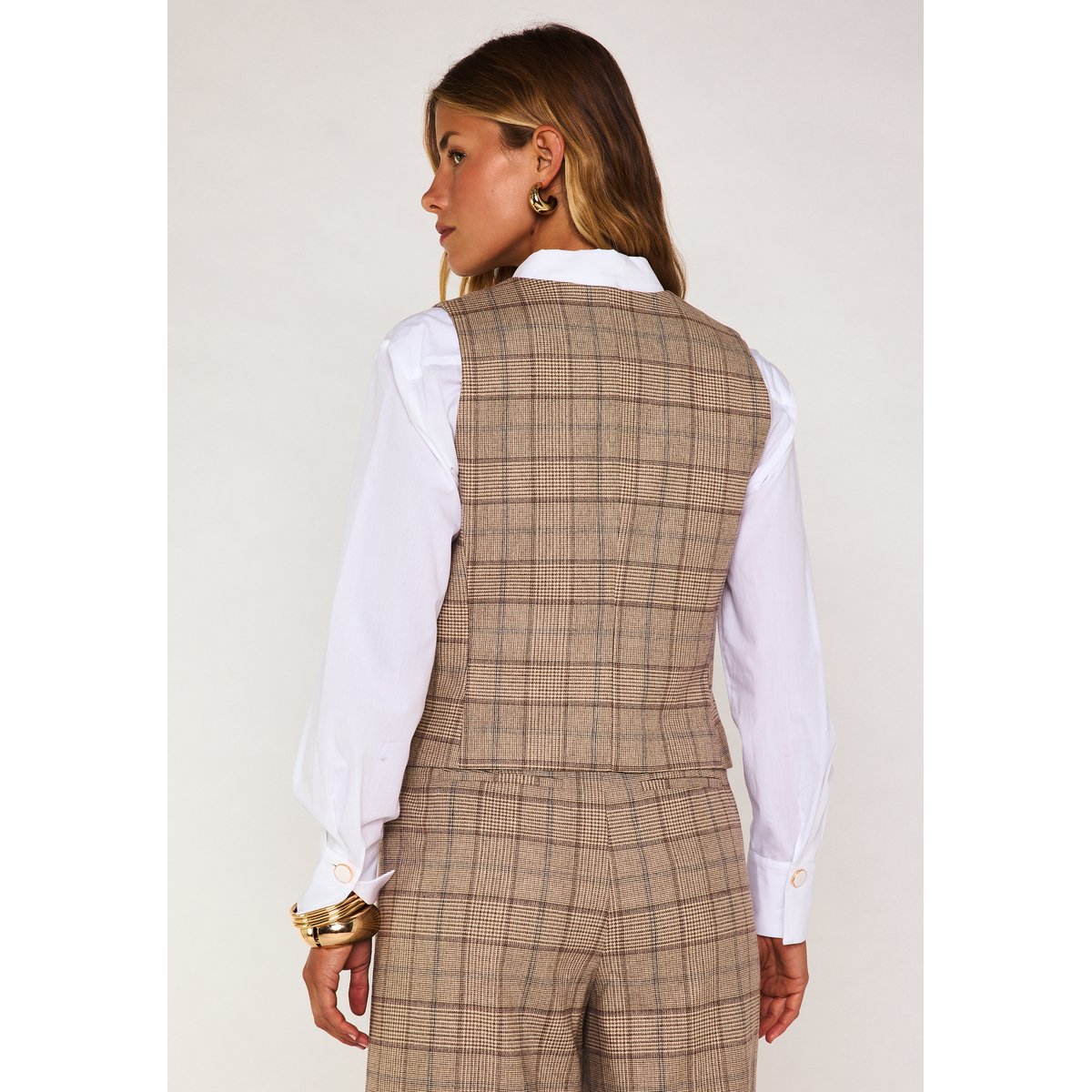 Gilet sans manches motif Prince de Galles SIMEON camel clair, Maison 123