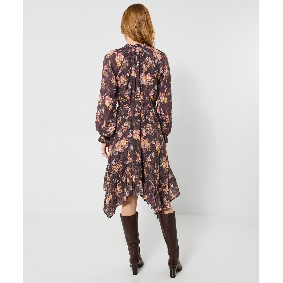Robe Mi-Longue à Ourlet Plongeant Fleurs Anciennes marron, JOE BROWNS