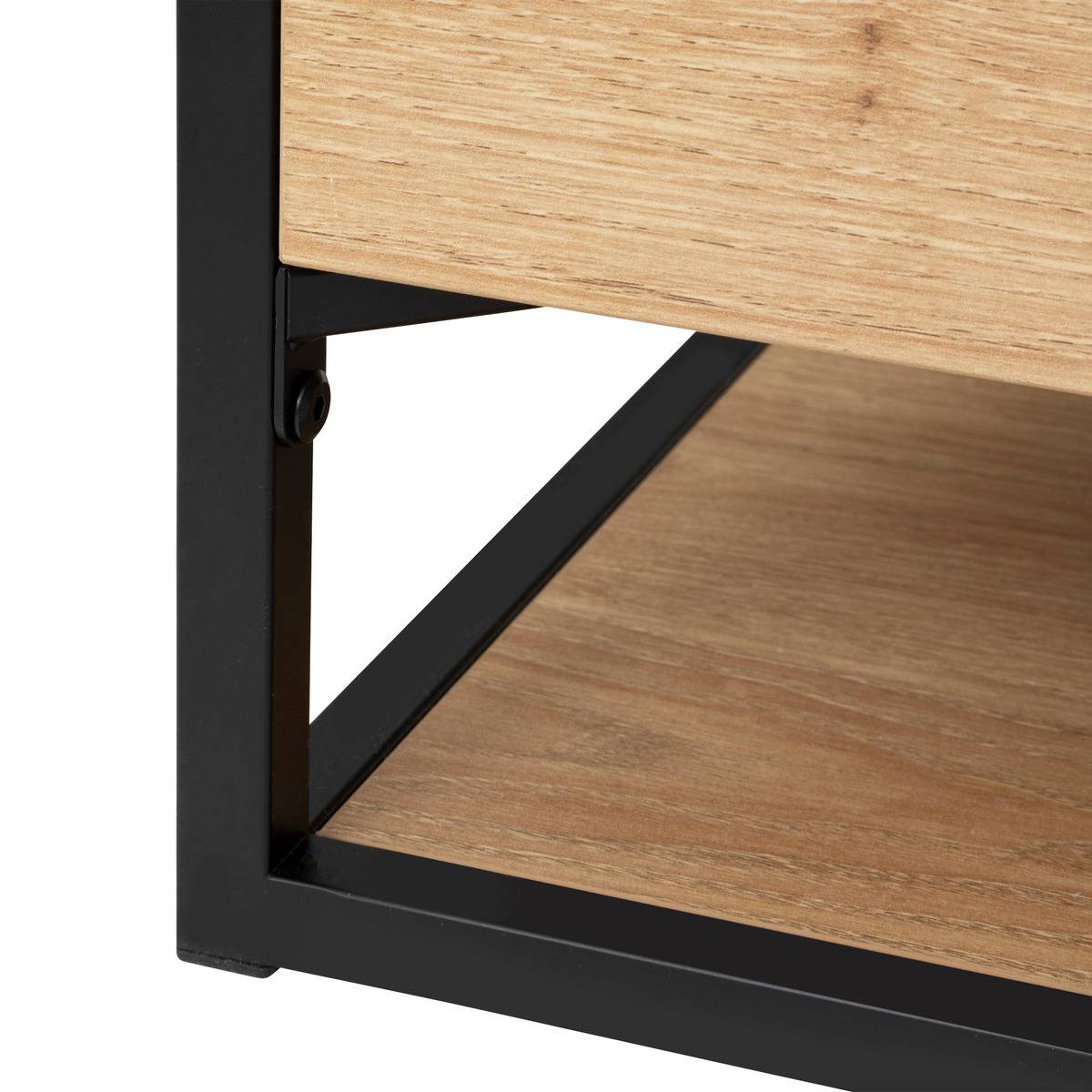 Table basse 2 tiroirs en verre trempé et effet chêne ALDEA beige, ATMOSPHERA
