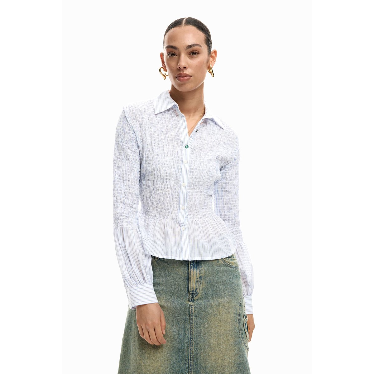 Chemise froncée à rayures beige, DESIGUAL