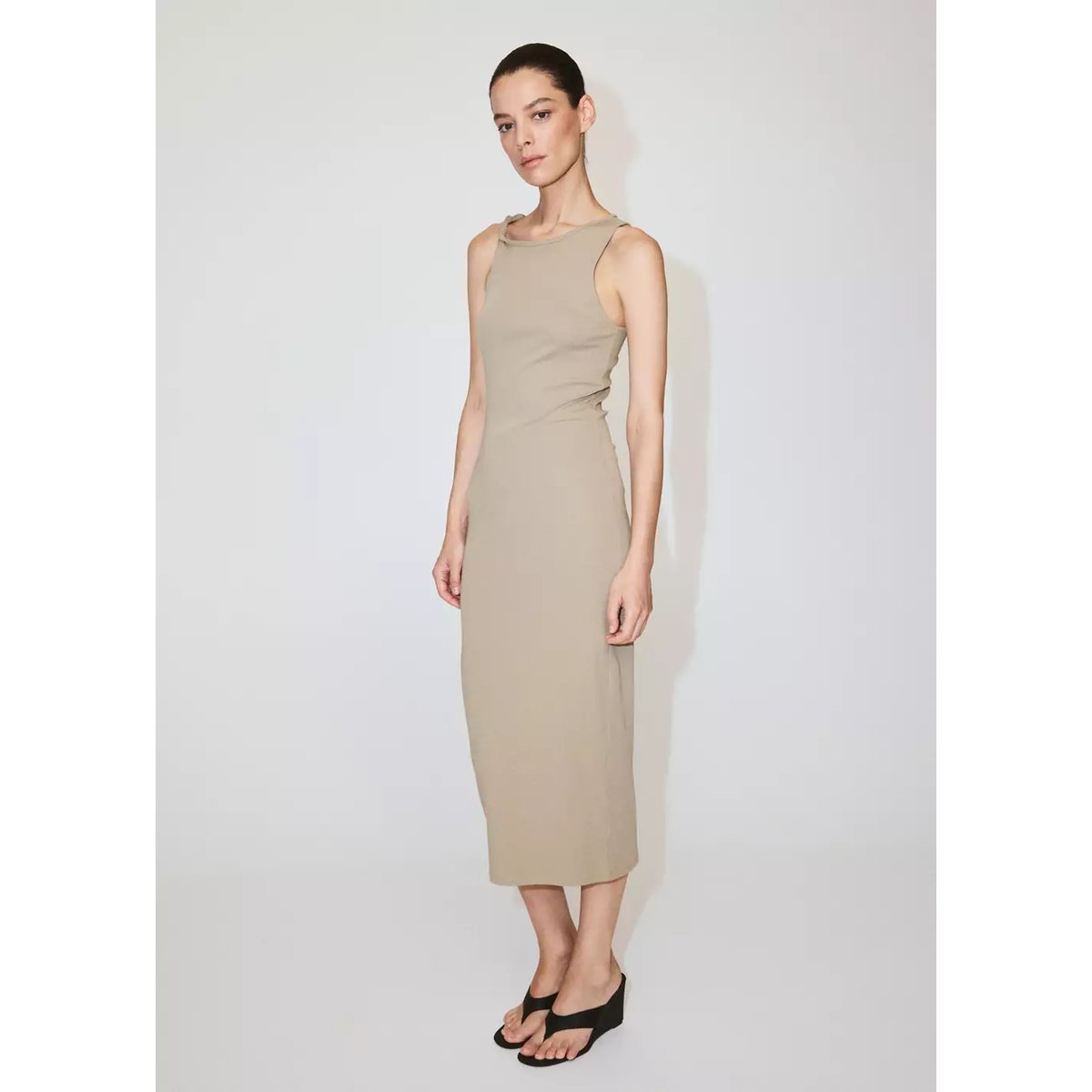 Robe en coton à bretelles drapées kaki, MANGO