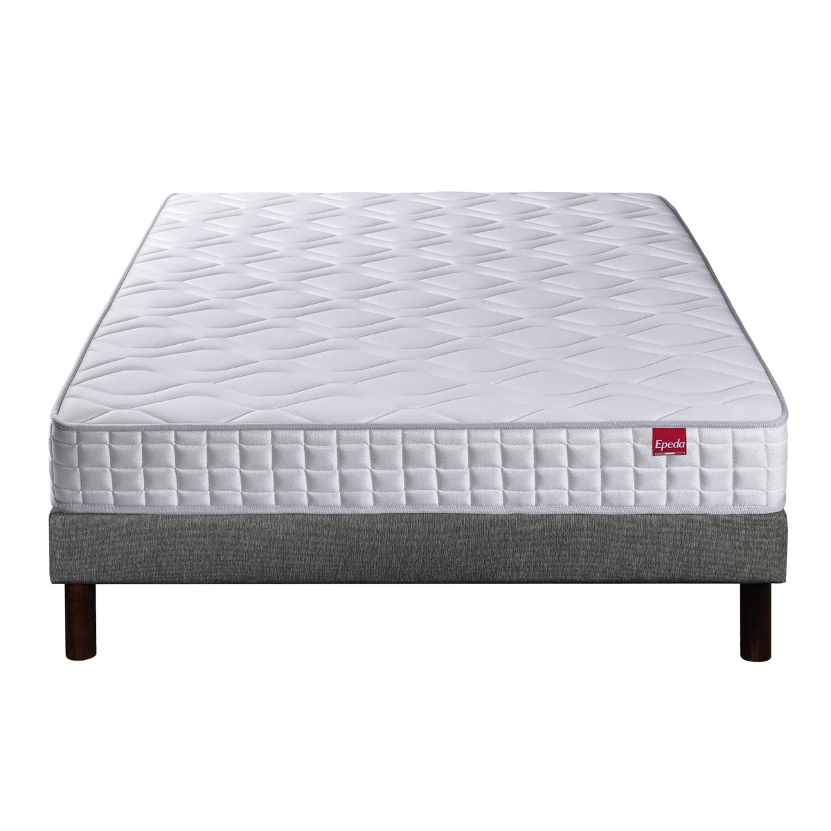 Ensemble matelas ressorts ensachés DISTINCT 2, sommier UNIC gris et pieds blanc, EPEDA