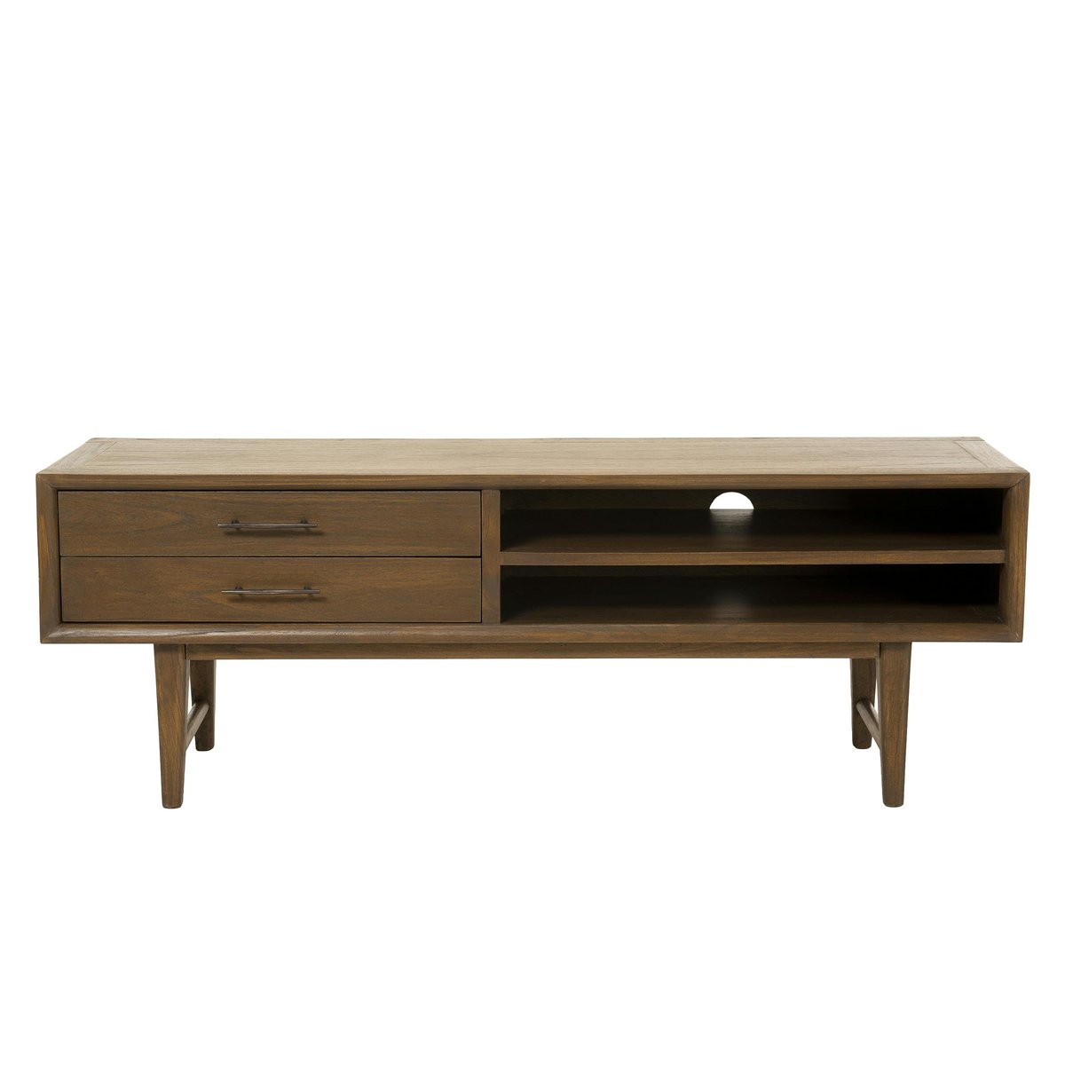 Meuble TV 140cm en bois exotique aspect vintage 2 tiroirs et 2 niches avec passe-câbles PADANG bois naturel, PIER IMPORT