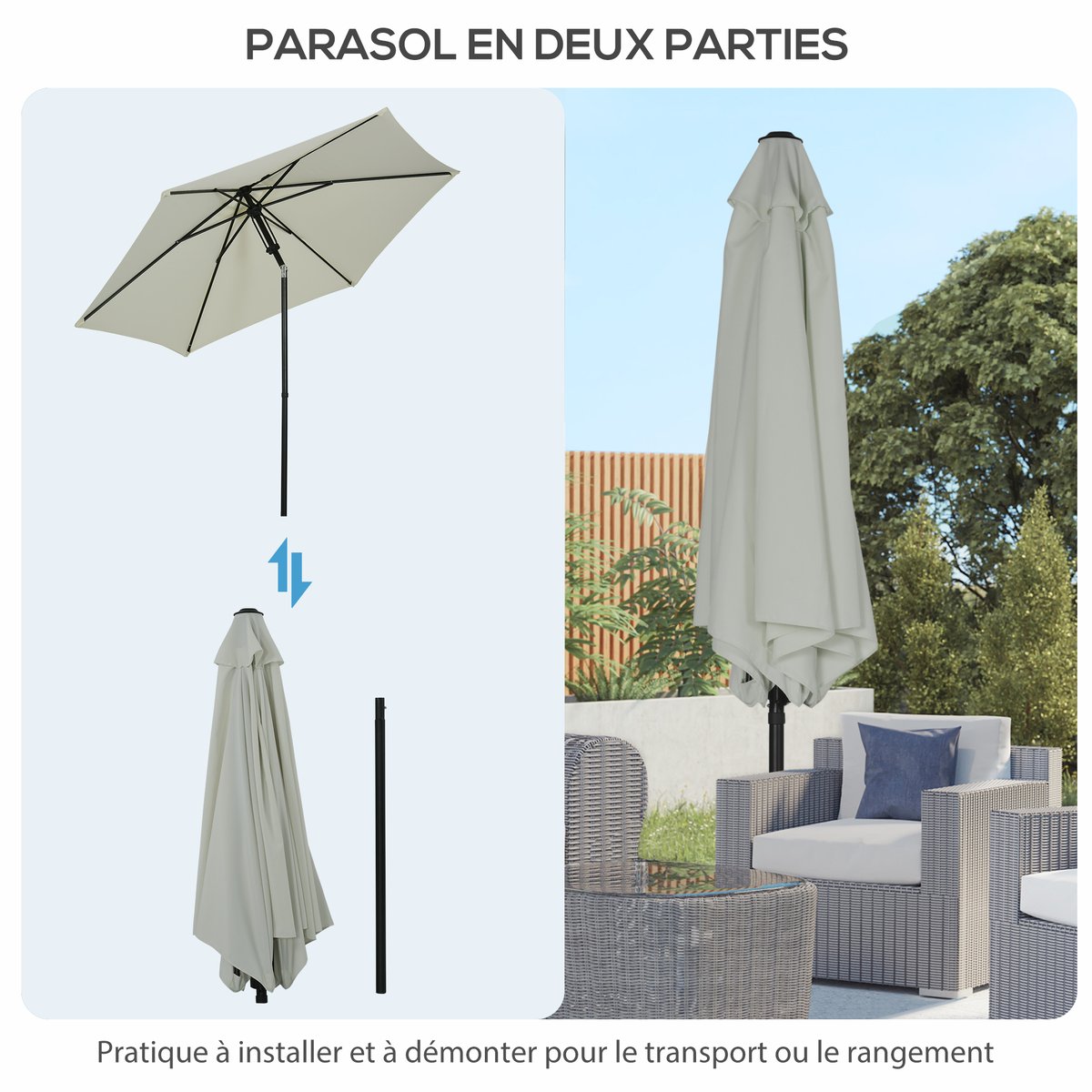 Parasol inclinable octogonal Ø 2,65 x 2,35H m métal polyester gris clair gris, OUTSUNNY