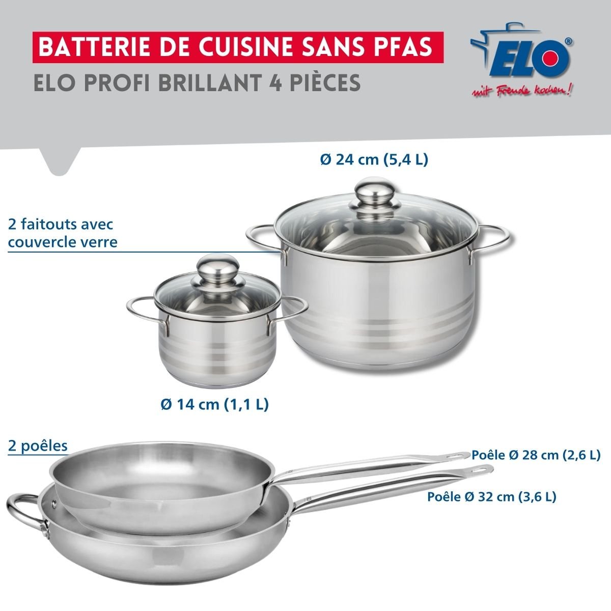 Batterie 2 poêles 28/32cm + 2 faitouts 14/24cm PROFI BRILLANT inox, ELO