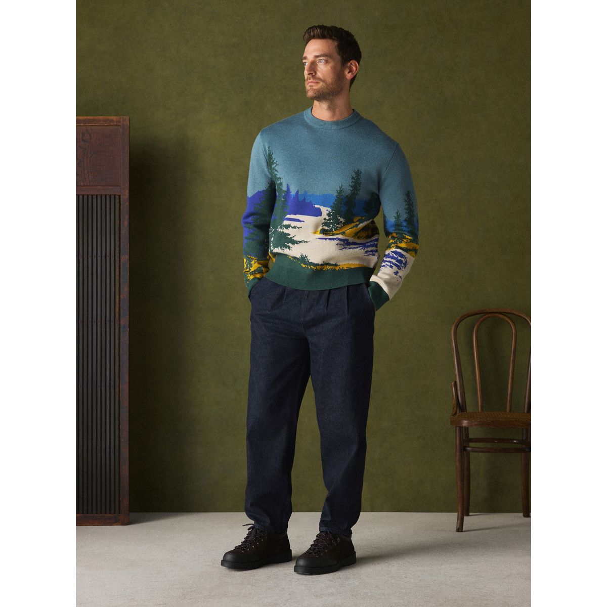 Pull ras du cou en maille à motif paysage bleu/vert, NEXT