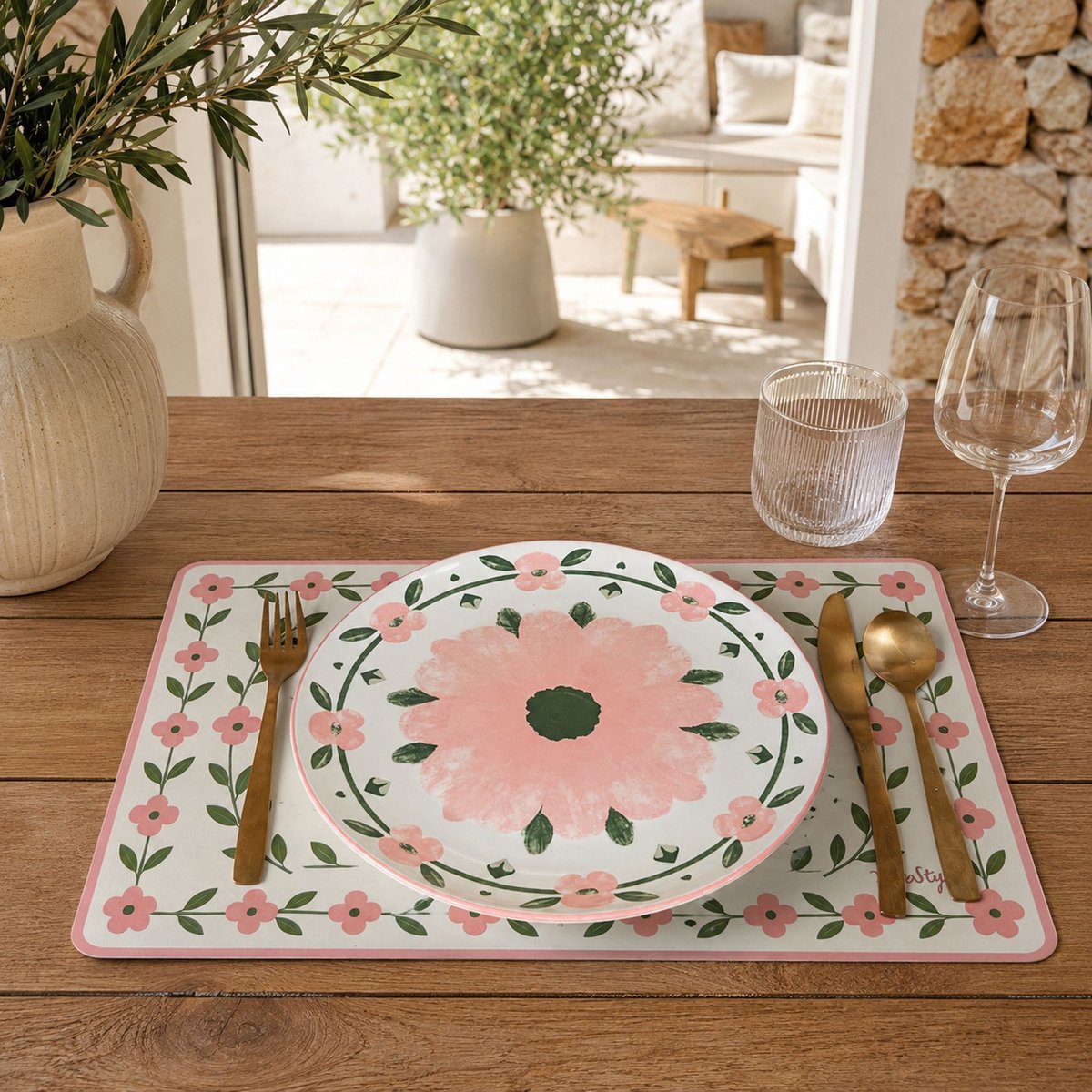 Lot de 6 assiettes plates 27cm en porcelaine, PRIMAVERA blanc-rose, NOVASTYL