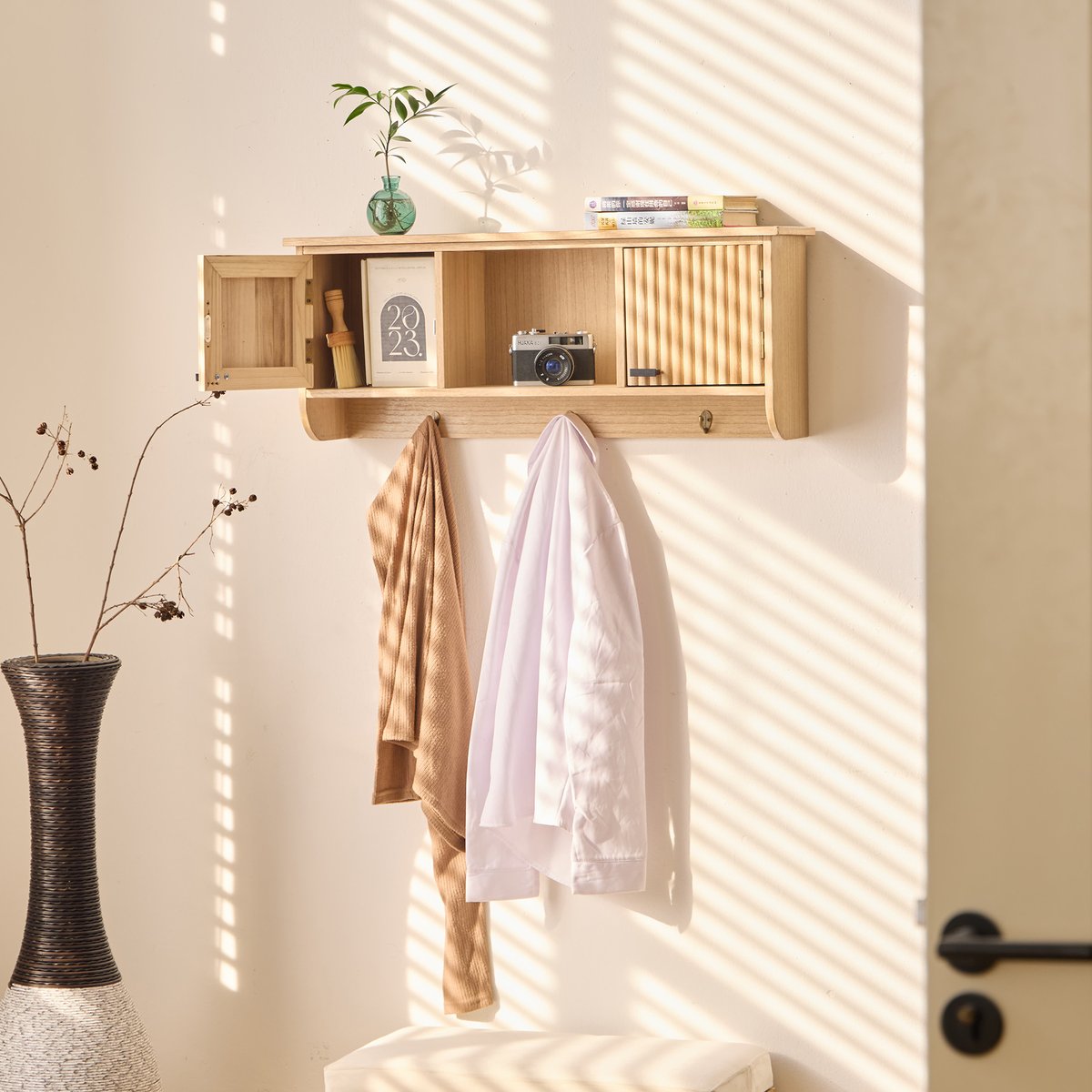 Porte-manteau mural, bois, 2 portes, KONDO bois naturel, NORDLYS