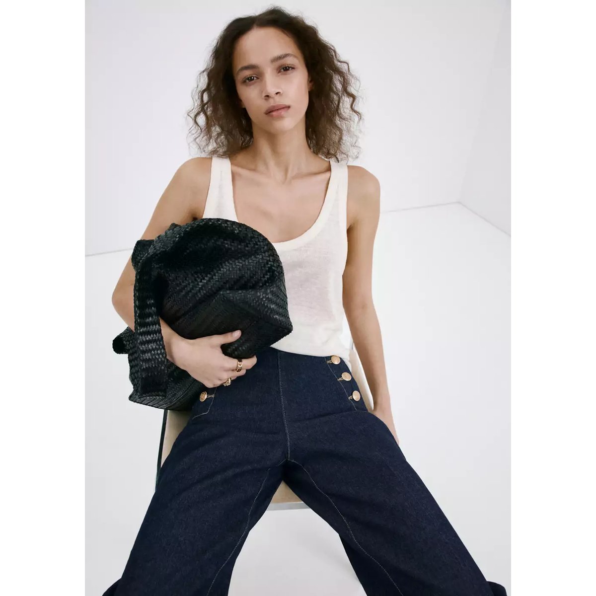 Jean wide leg boutons latérales bleu, MANGO