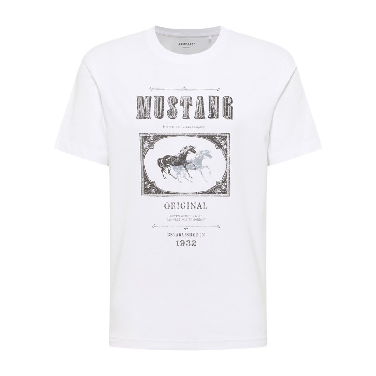 T-shirt en coton blanc avec un motif fantaisie à l'avant et un col rond blanc, MUSTANG