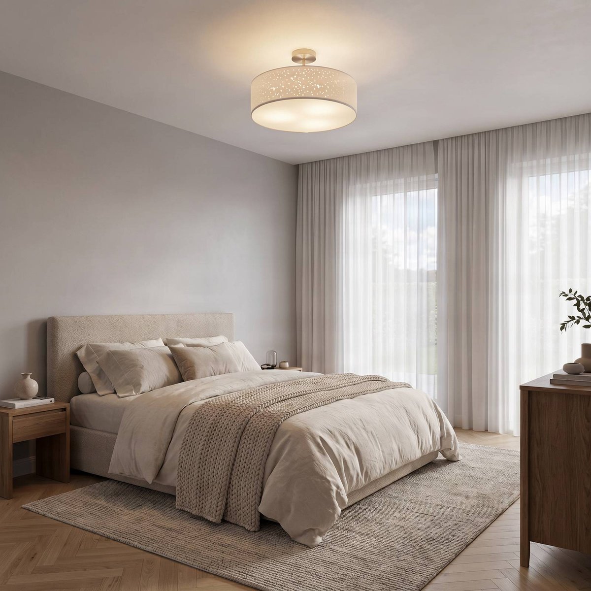 Plafonnier en textile moderne, Umma blanc, nickel satiné, LINDBY