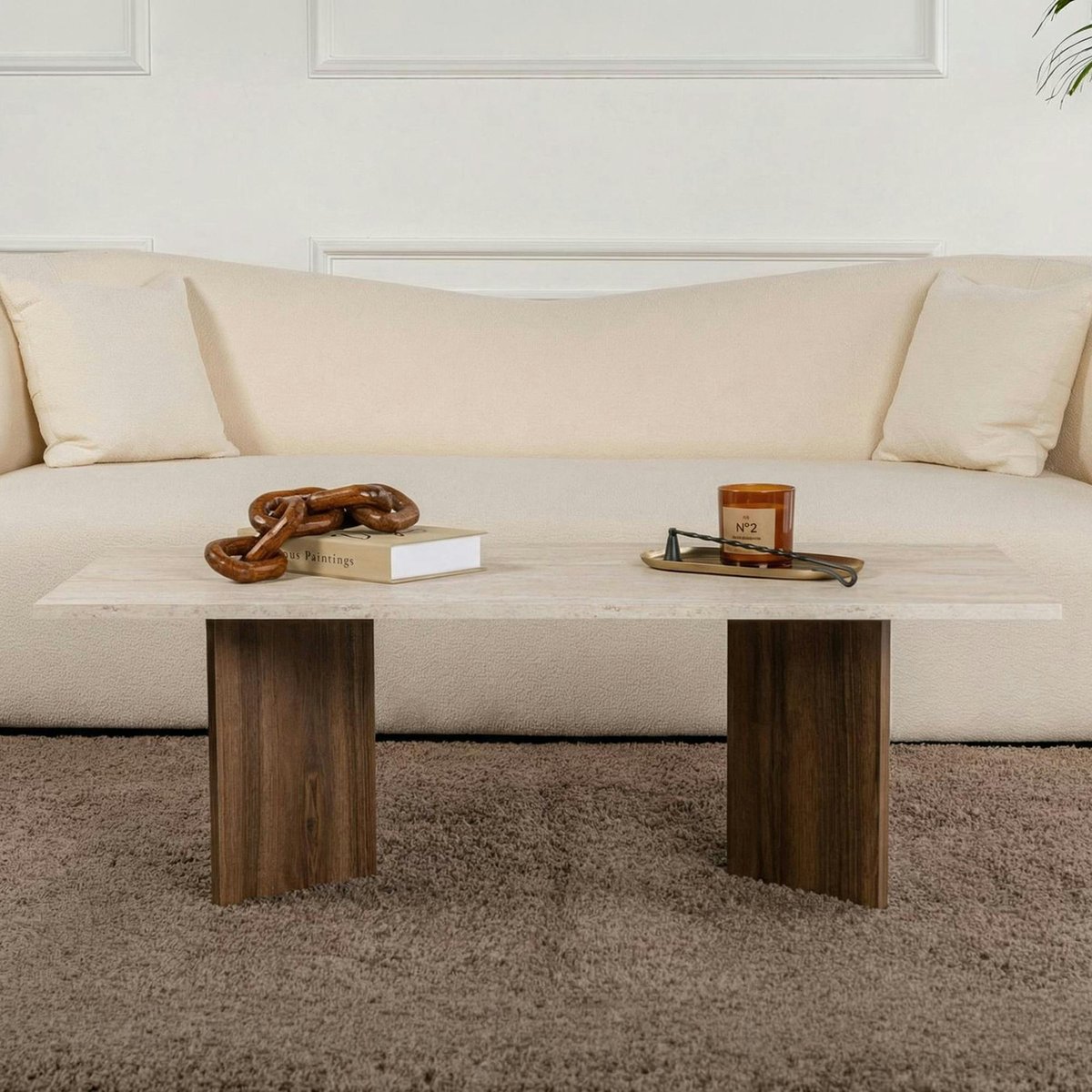 Table basse rectangulaire- pieds V MARFA travertin et noyer, PIER IMPORT