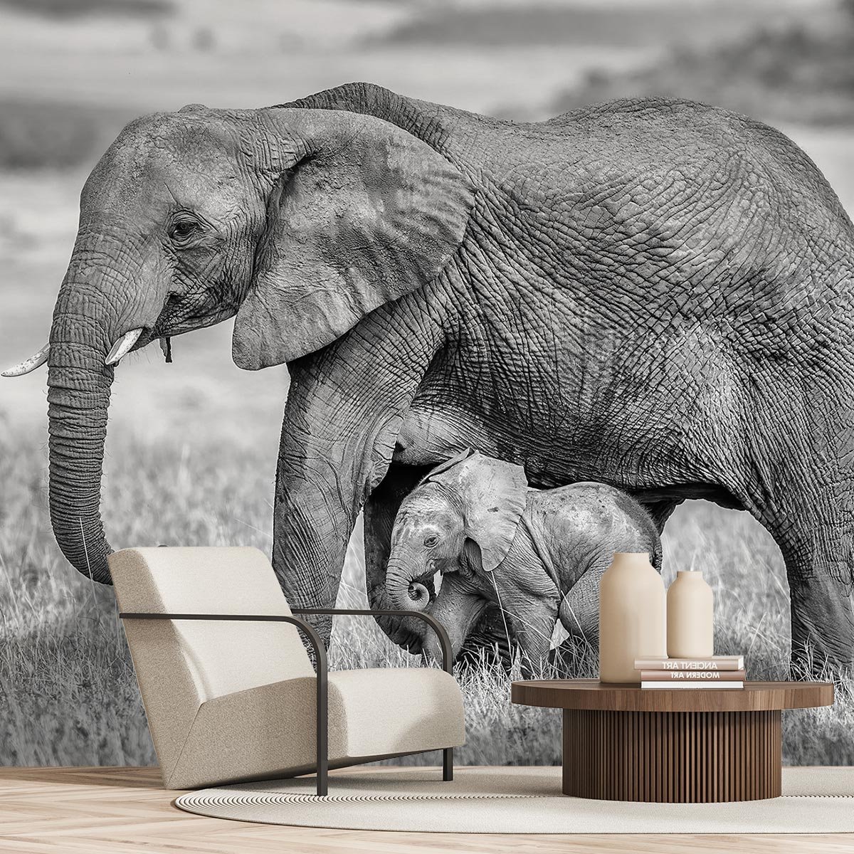 Papier peint éléphant et son petit intissé, HEXOA