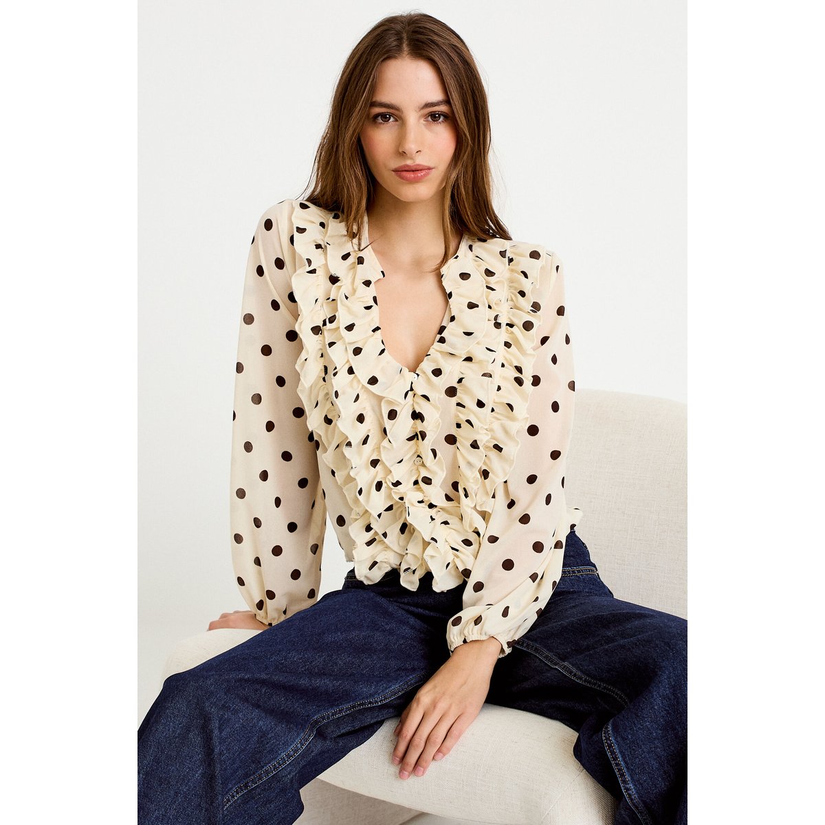Blouse droite col v manches longues blanc, CACHE CACHE