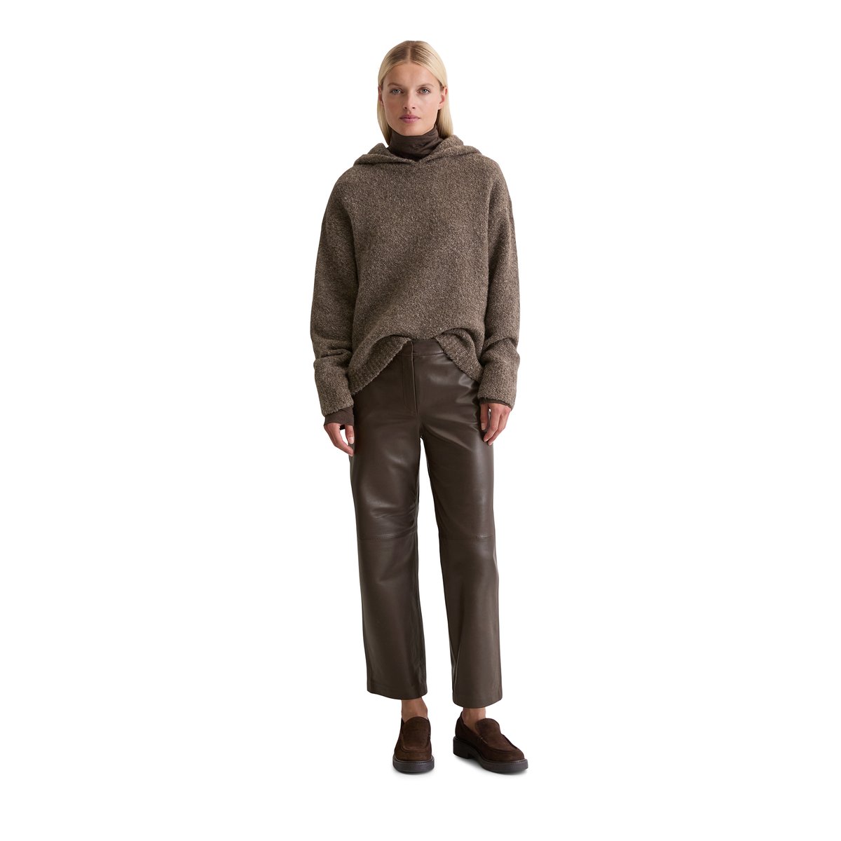 Hoodie en bouclette loose en mélange de laine vierge et de laine d'alpaga brun foncé, MARC O'POLO