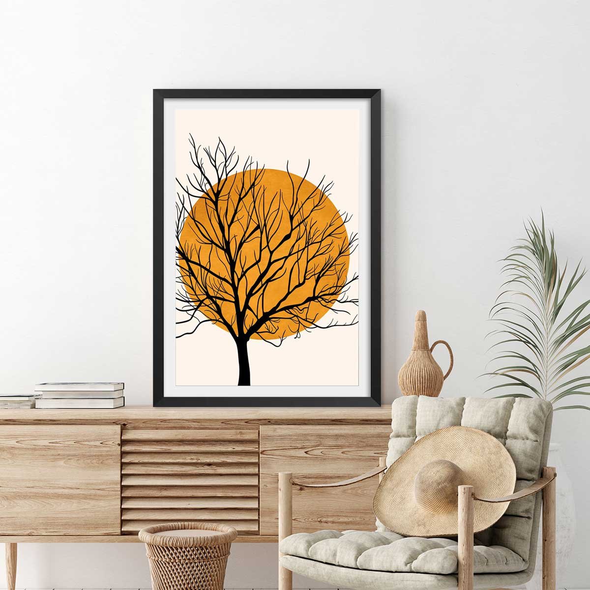 Affiche dessin ""soleil caché"" affiche + cadre en bois - noir, HEXOA
