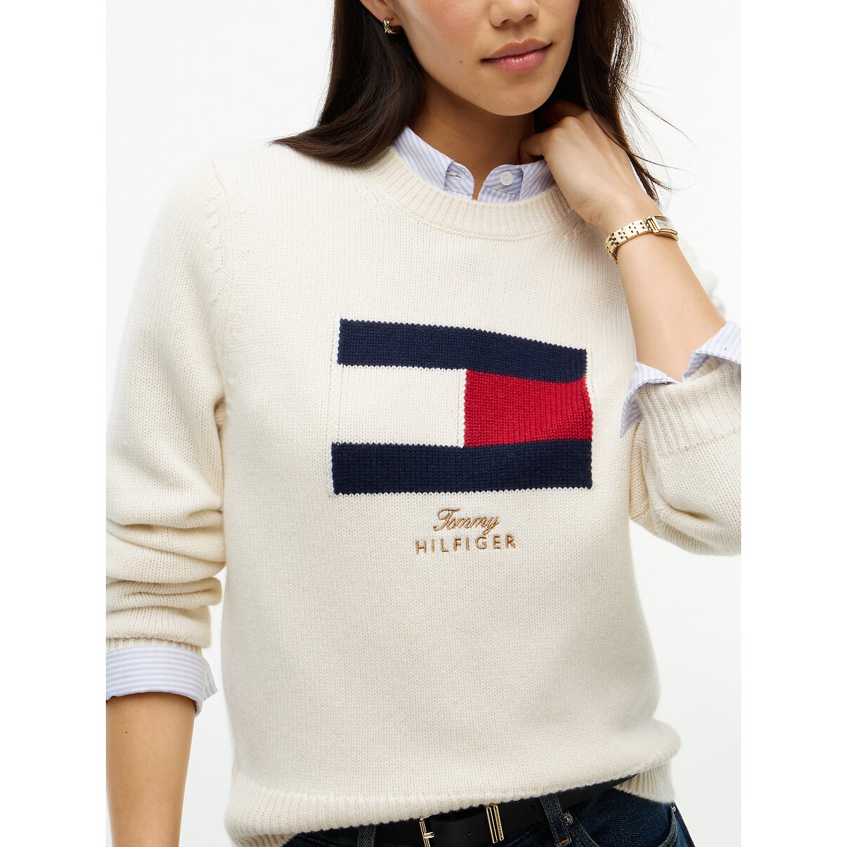 Pull col rond avec logo, 90% laine 10% cachemire  ivoire, TOMMY HILFIGER