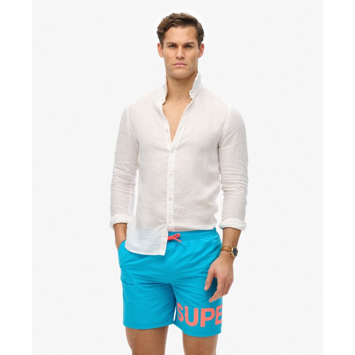 Short de bain à motif longueur 43 cm bleu hawaï, SUPERDRY
