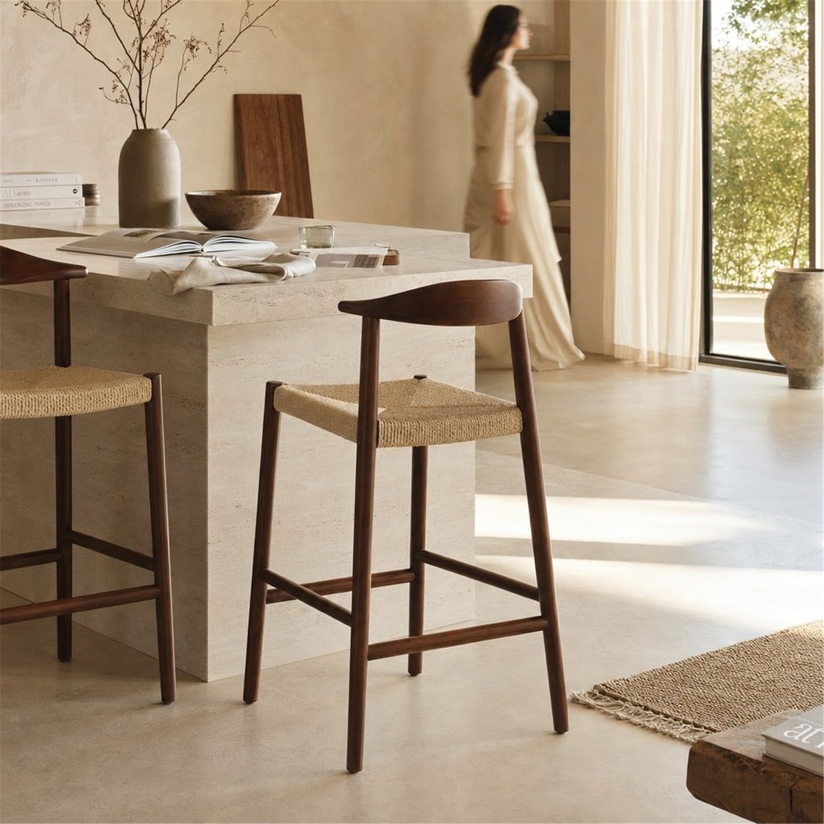 Tabouret haut en hêtre et corde de papier noyer, naturel, RECOLLECTION