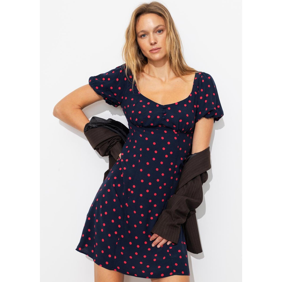 Robe courte à pois imprimé marine, PROMOD