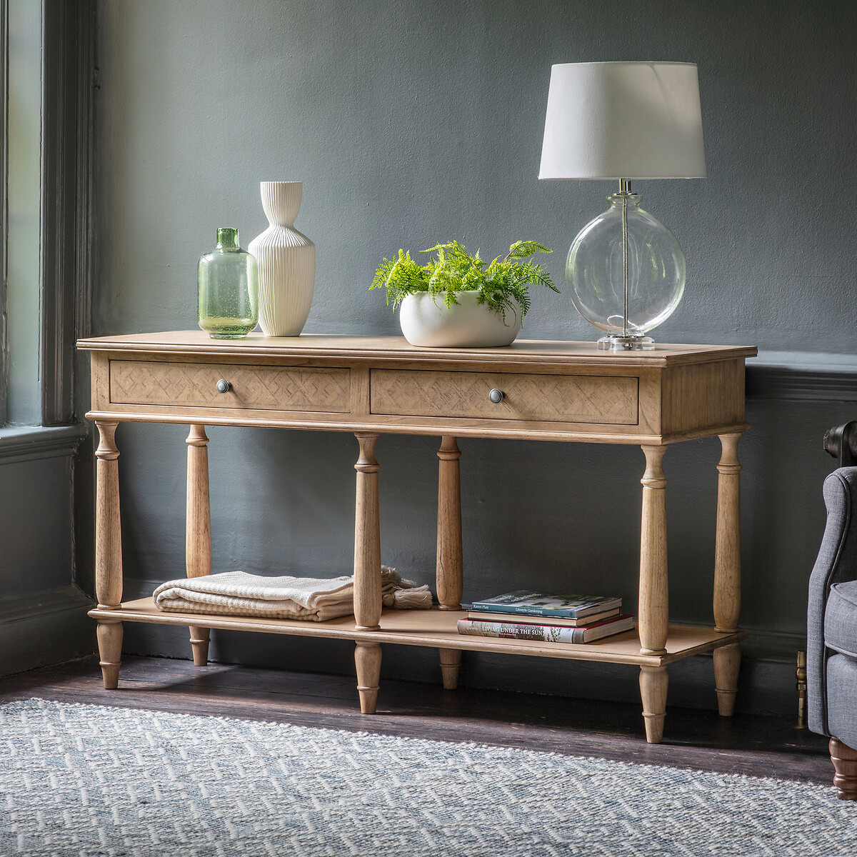 Nashik Ash Wood Parquet 2 Drawer Console Table natural, ÉDITÉ