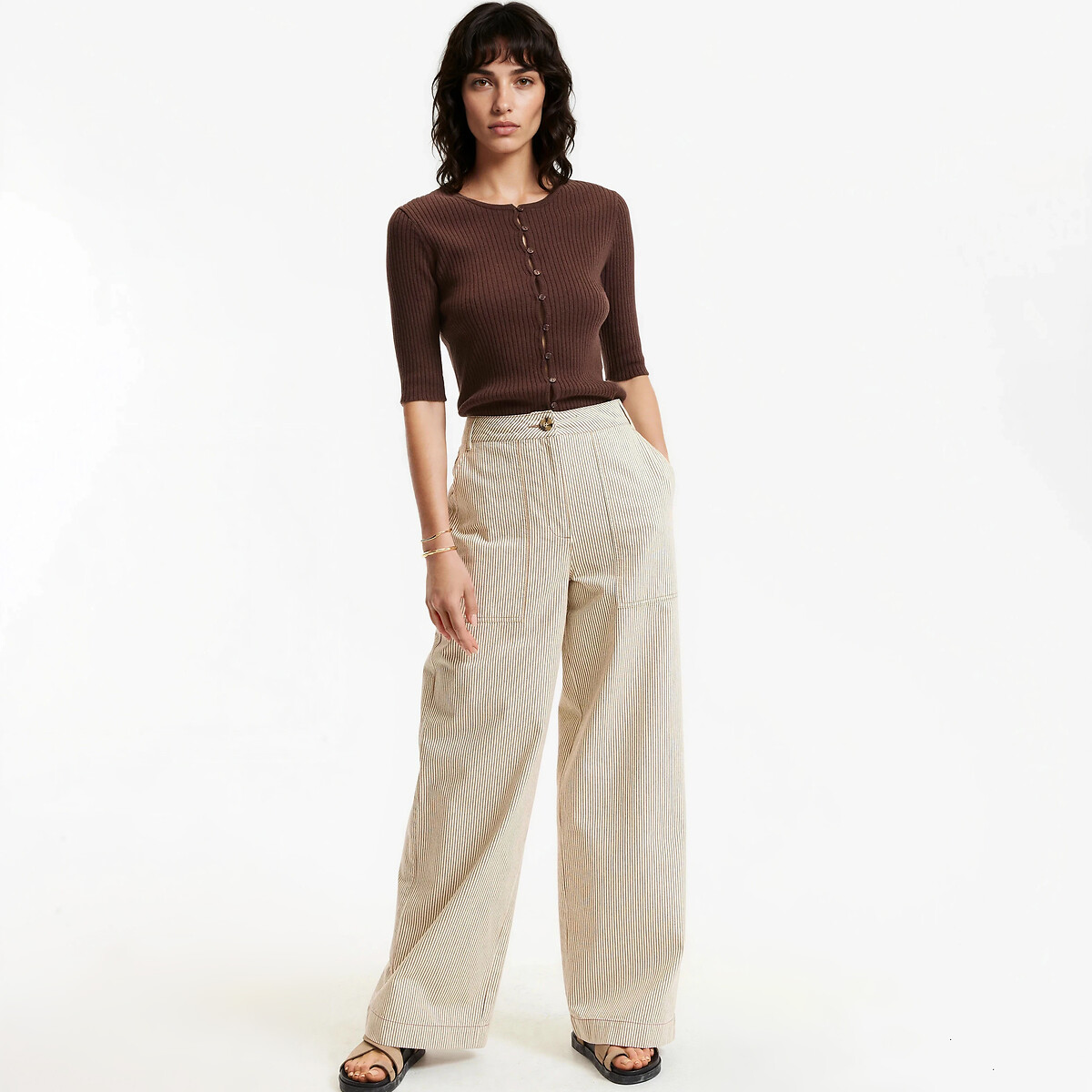 Pull col rond, en fine maille côtelée, laine et coton mélangés marron, LA REDOUTE COLLECTIONS