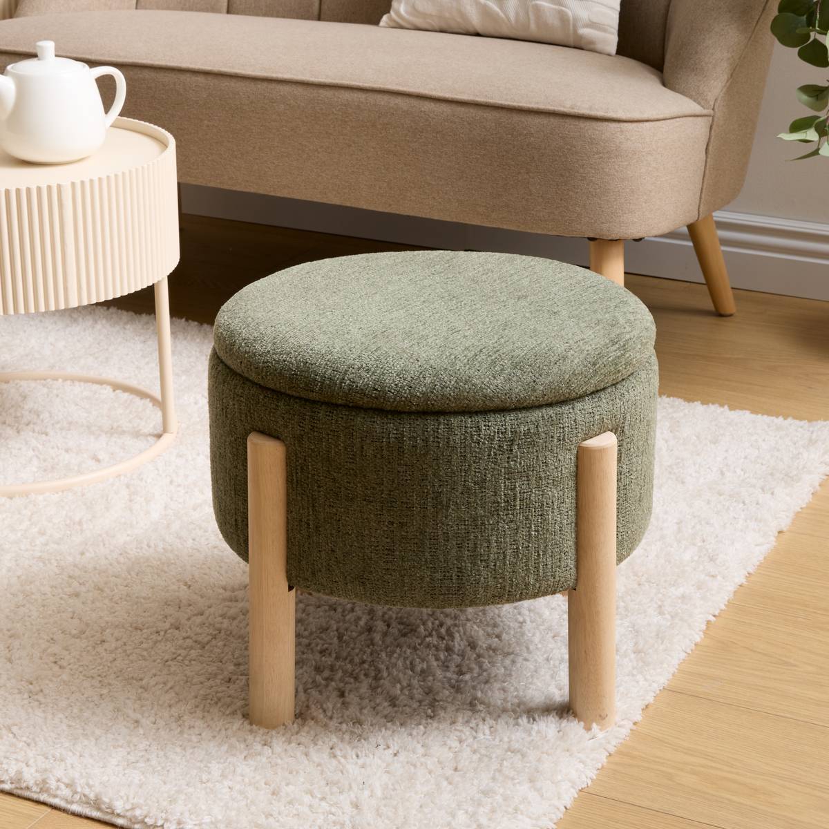 Tabouret coffre en tissu chenille ELKI vert kaki, ATMOSPHERA