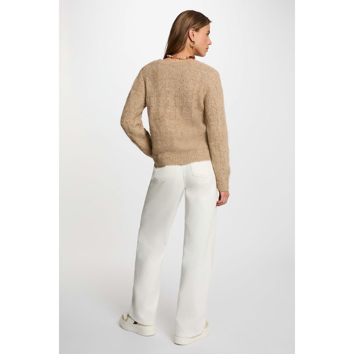 Pull avec tricotage ajouré beige, MORGAN