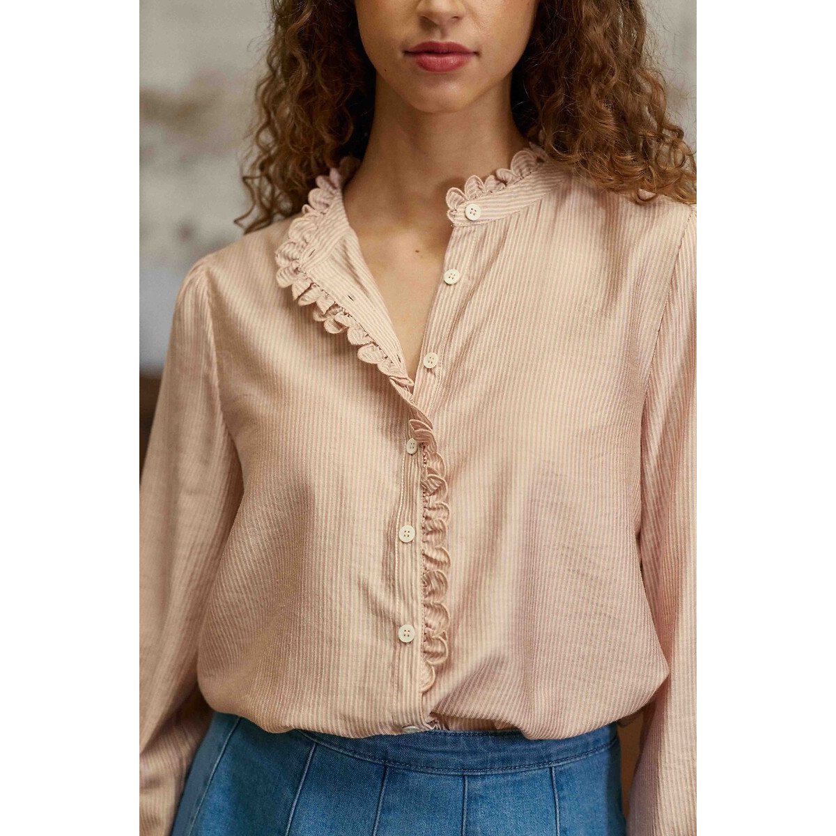 Blouse rayée manches longues col volanté, BOYA rose poudré, LA PETITE ETOILE