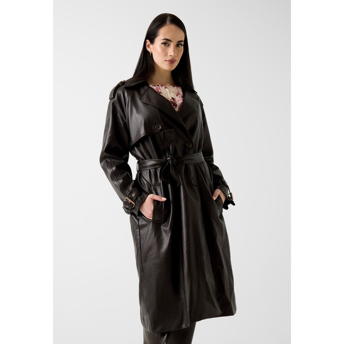 Trench Long En Simili Cuir marron multi, GUESS