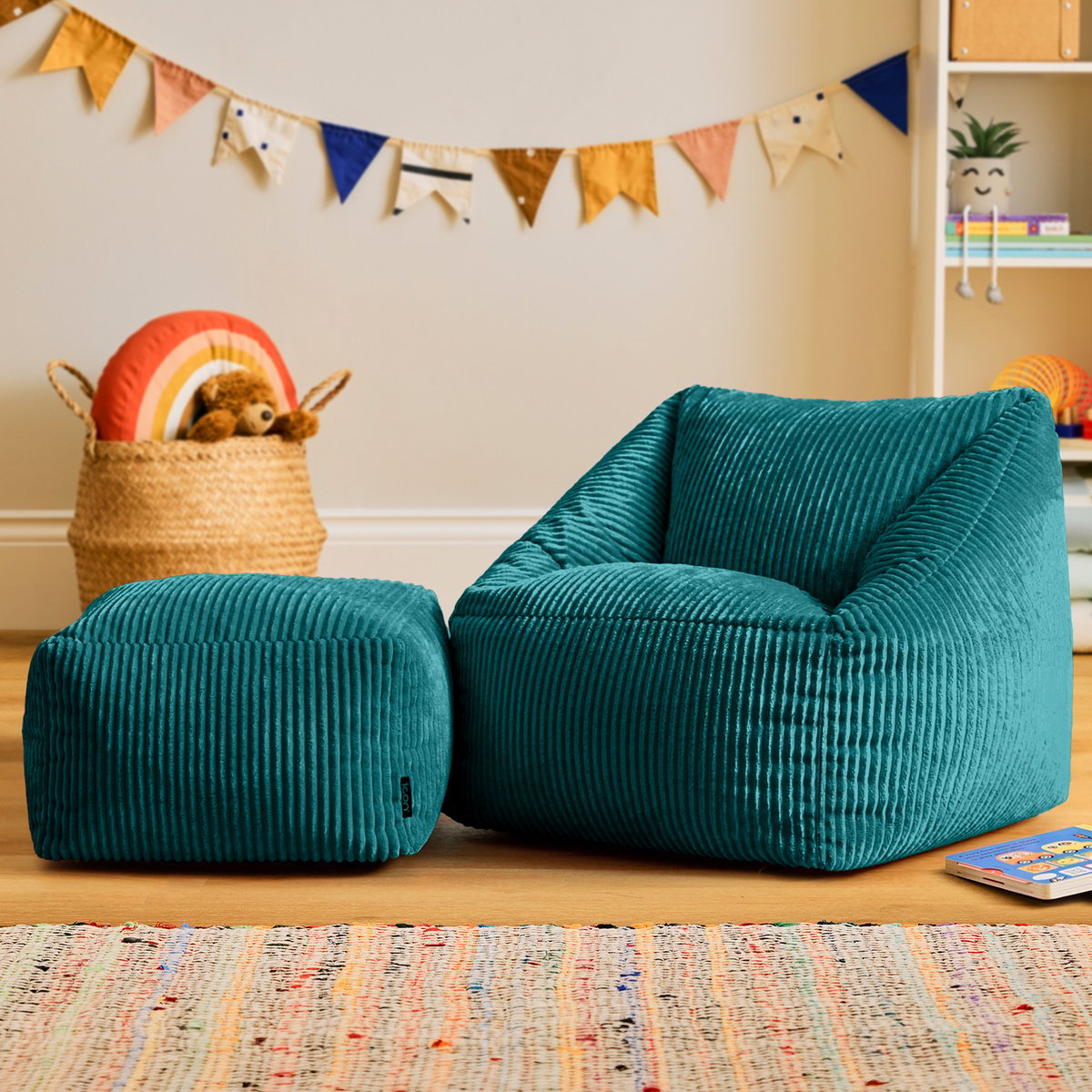 Pouf fauteuil enfant avec repose-pied carré en velours côtelé Oeko-Tex® - NATALIA bleu canard, ICON