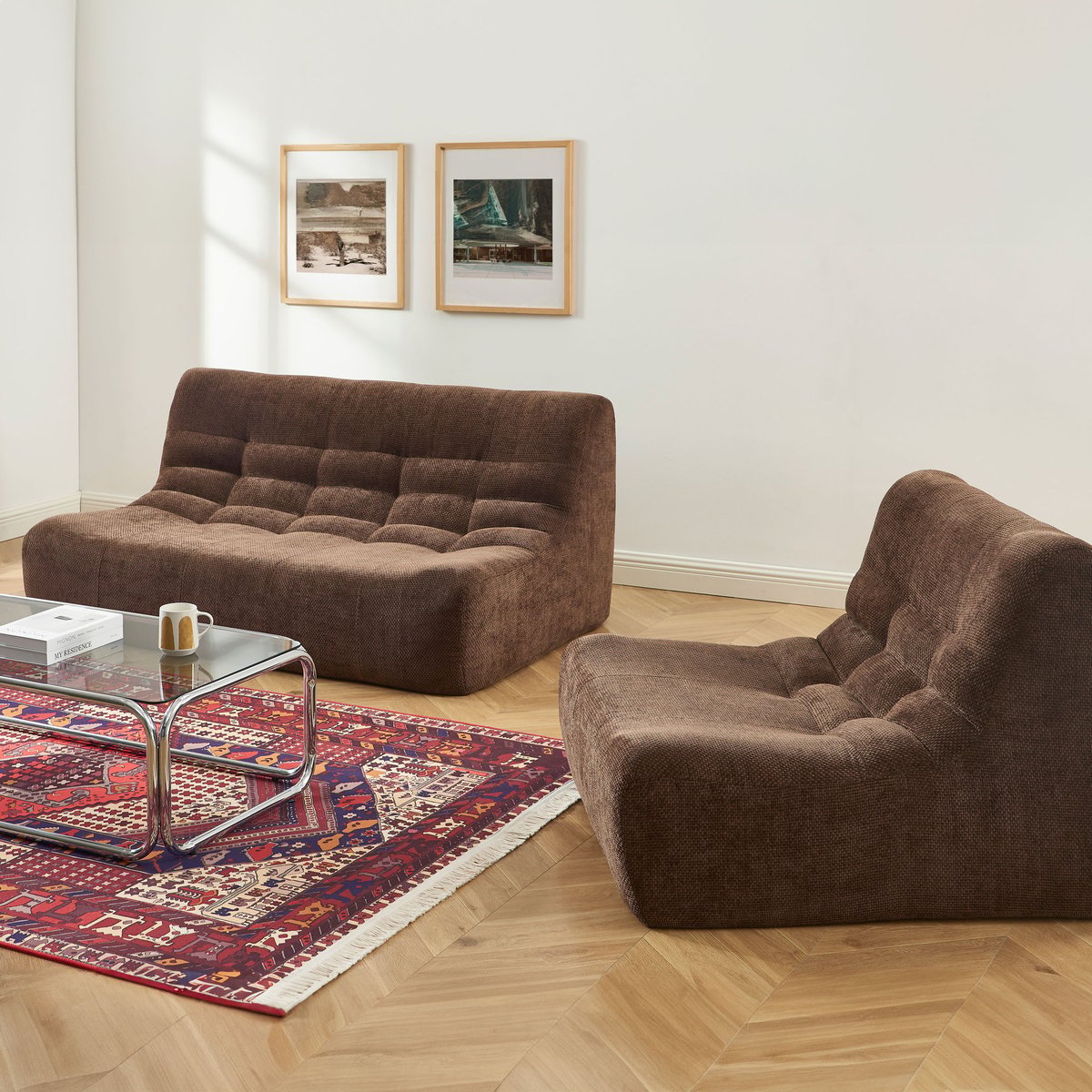 Ensemble banquette et chauffeuse 3 places en tissu JANIS marron, SORELH