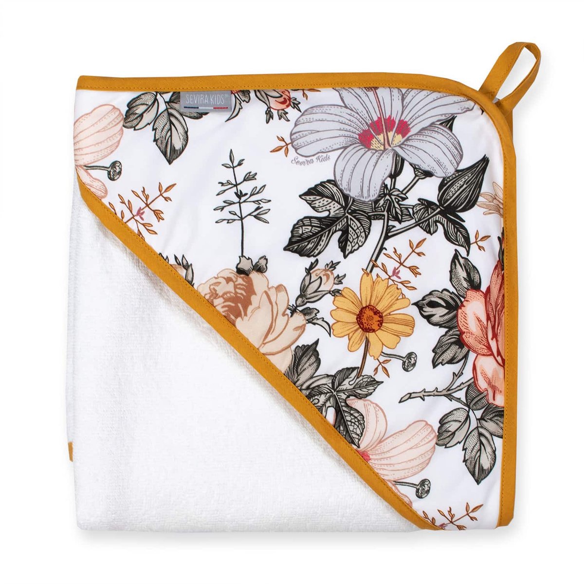 Cape de bain en bambou SAFARI néo vintage imprimé floral, beige, blanc, SEVIRA KIDS