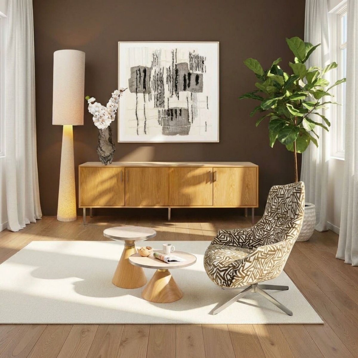 Fauteuil pivotant imprimé labyrinthe, MIMI marron, KARE DESIGN