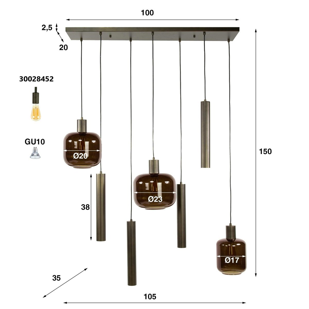 Suspension verre & métal – globes bruns + tubes bronze NOVA marron, PIER IMPORT
