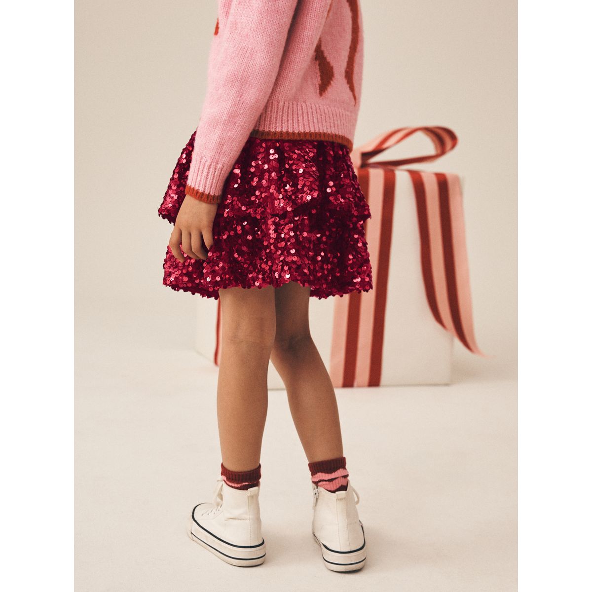 Jupe à sequins et froufrous effet superposé rouge, NEXT