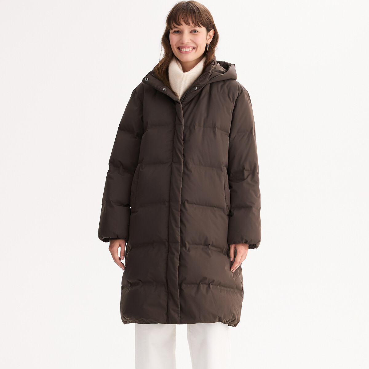 Doudoune longue matelassée, à capuche, rembourrage duvet et plumes, plein hiver marron, ANNE WEYBURN