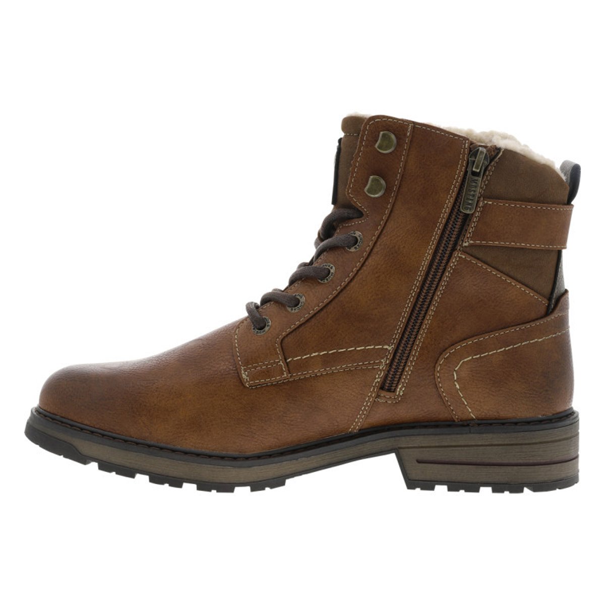 Bottines brunes à talon décroché bas avec un zip et des lacets ronds brunes, MUSTANG