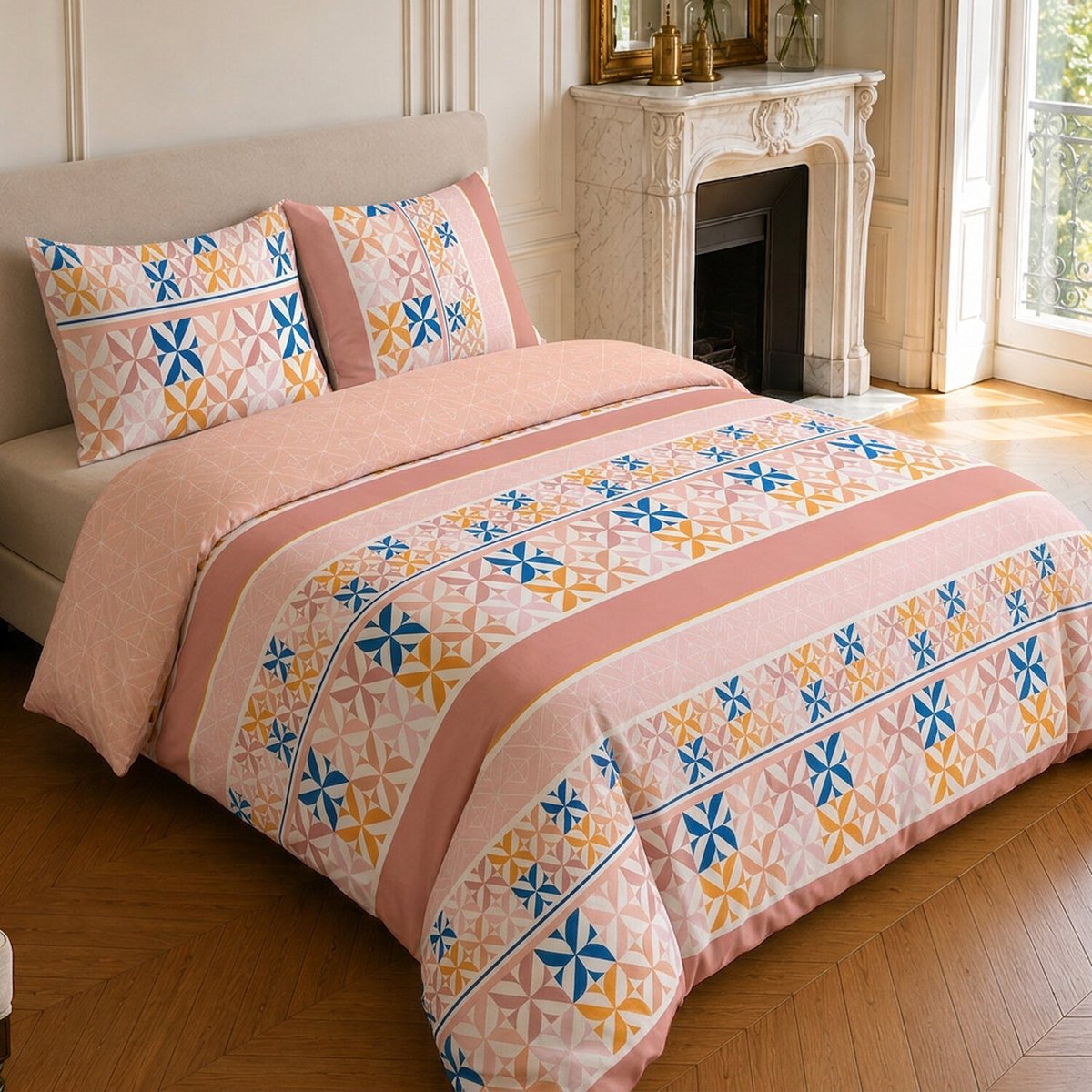Parure de lit en microfibre motif géométrique, BLUEBERRY rose, C DESIGN HOME TEXTILE