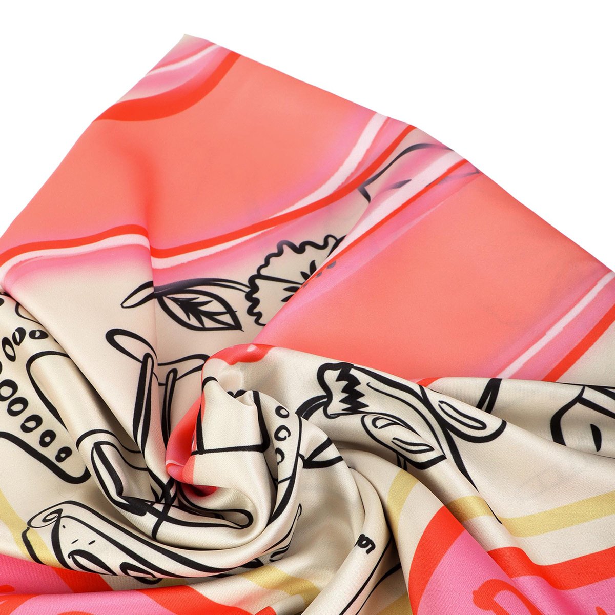 Foulard en satin imprimé logo XL et motifs estivaux rose, LOLA CASADEMUNT