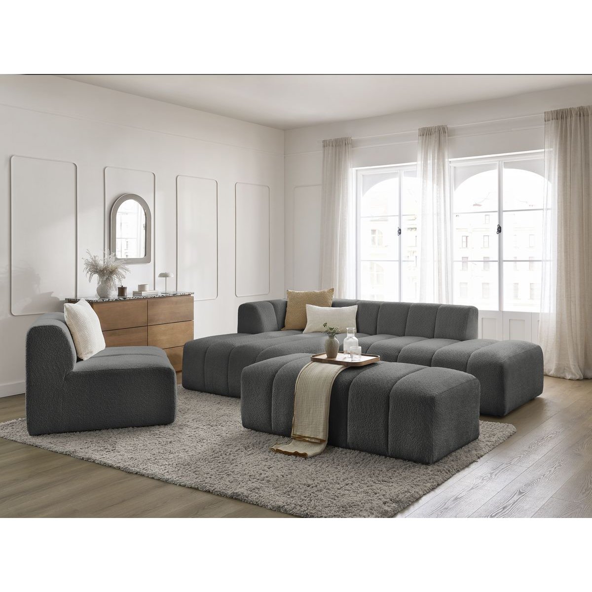 Canapé modulable 5 places en tissu bouclette, ANNECY gris foncé, BOBOCHIC