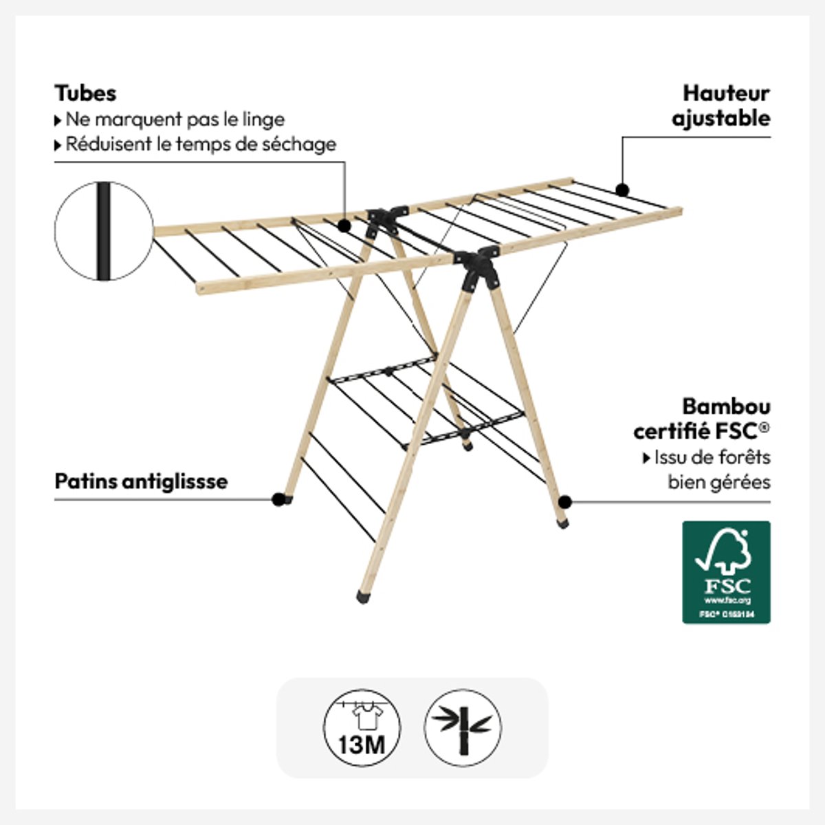 Étendoir à linge pont pliant 13m en bois BLACK BAMBOO noir, 5FIVE SIMPLY SMART