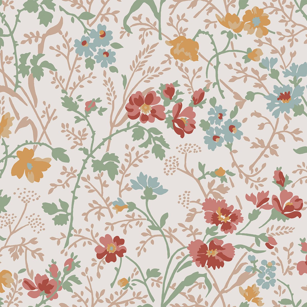 Papier peint fleurs délicates Shropshire rouge, jaune ocré, vert, LAURA ASHLEY