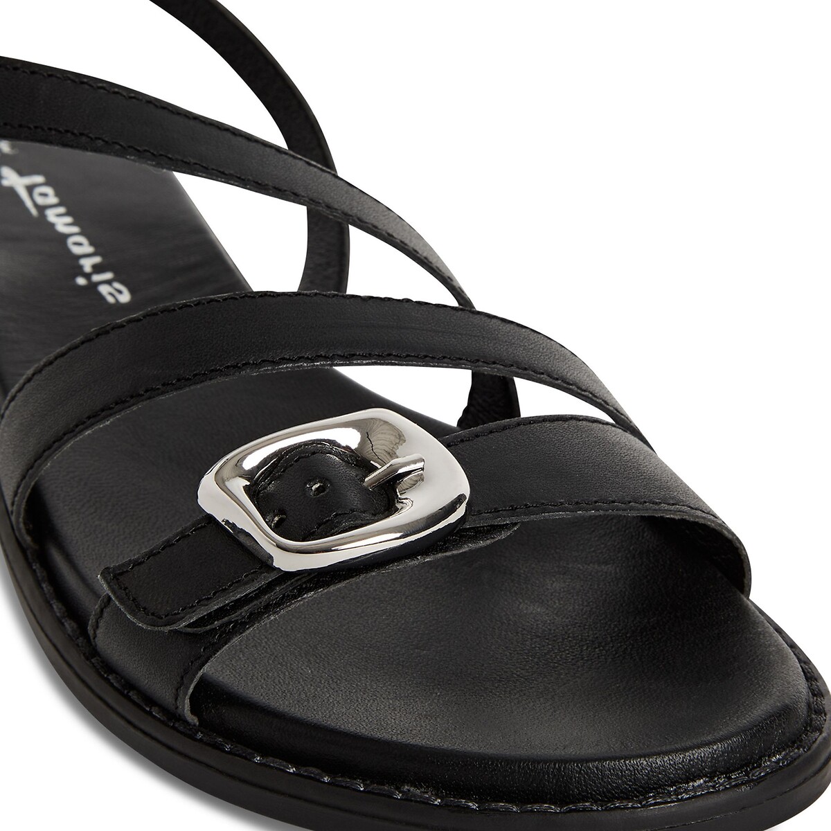 Sandales plates en cuir noir, TAMARIS