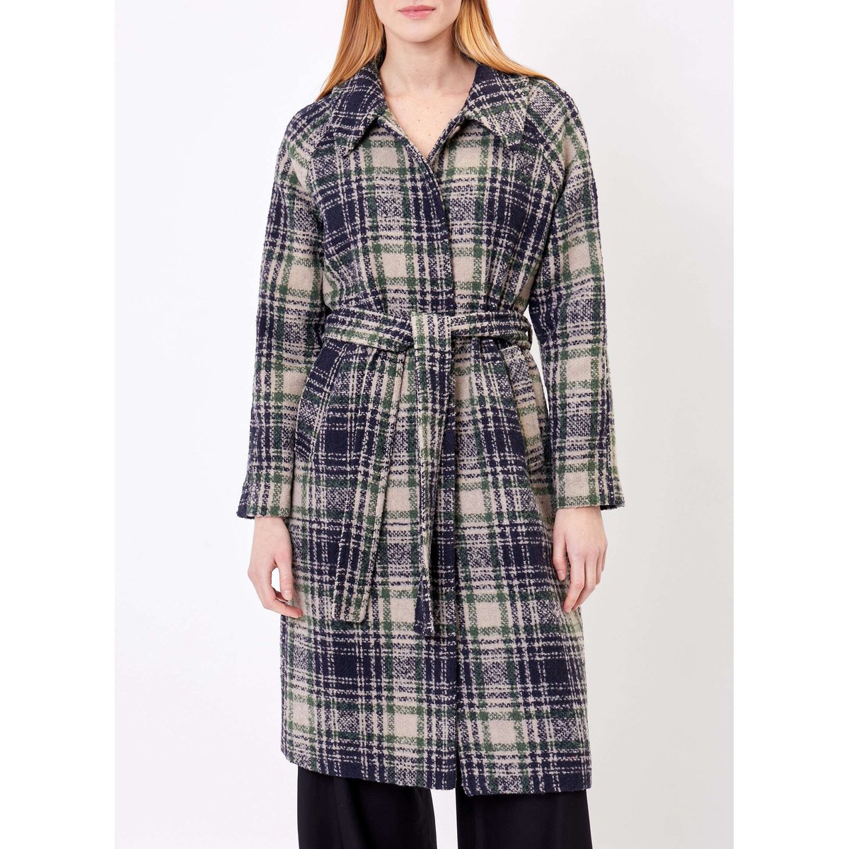 Manteau long en lainage motif BEKA bleu nuit vert, LA FIANCÉE