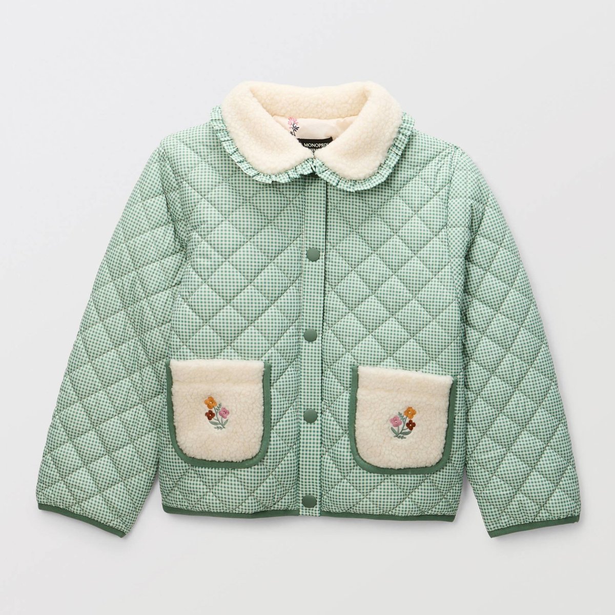Veste matelassée vichy détails sherpa et broderies meleze, MONOPRIX